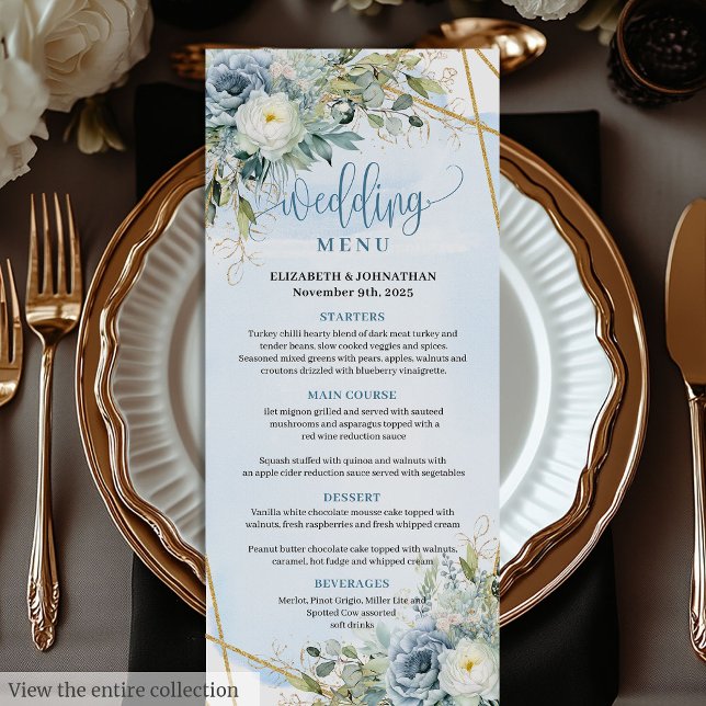Menu Rustique Dusty Blue Floral Gold Parties scintillan (Rustic Dusty Blue Floral Gold Glitter Wedding Menu

)