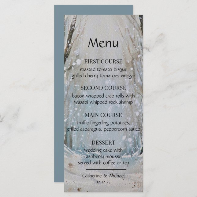 Menu Rustique Dusty Blue Winter Forest Mariage d'aquare (Devant / Derrière)