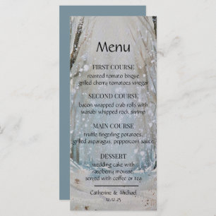Menu Rustique Dusty Blue Winter Forest Mariage d'aquare