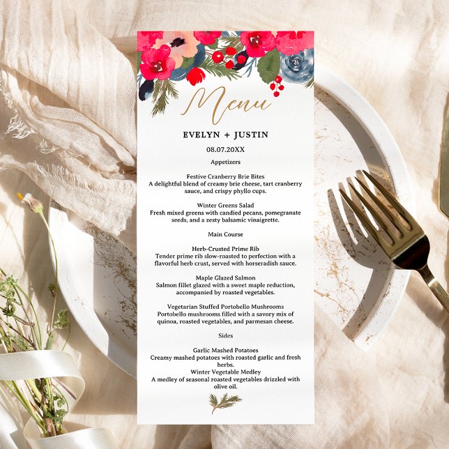 Menu Rustique Elégant hiver Floral Mariage (Rustic Elegant Winter Floral Watercolor Wedding Menu)