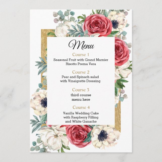 Menu Rustique Elegant Rouge et or Floral Blanc Mariage (Devant)