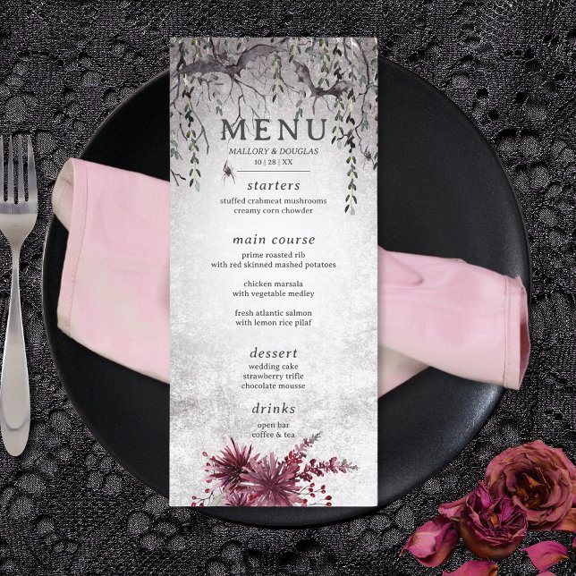 Menu Rustique gothique Noir & Bourgogne Halloween Long (Rustic Gothic Black & Burgundy Halloween Wedding Long Menu)