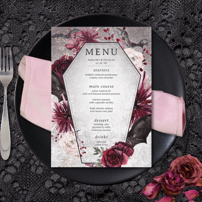 Menu Rustique gothique Noir & Bourgogne Mariage d'Hallo (Rustic Gothic Black & Burgundy Halloween Wedding Menu)