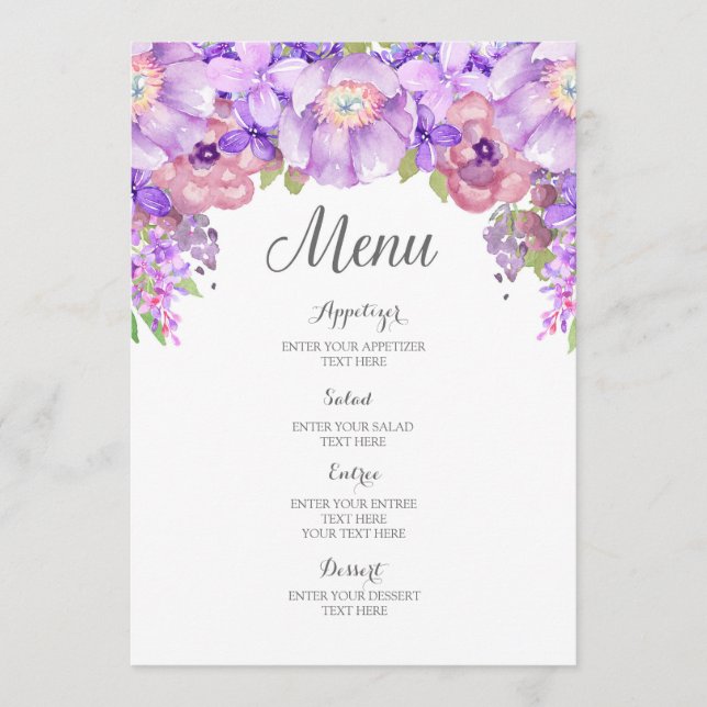 Menu Rustique Lilac Purple Aquarelle Florale Mariage Me (Devant)