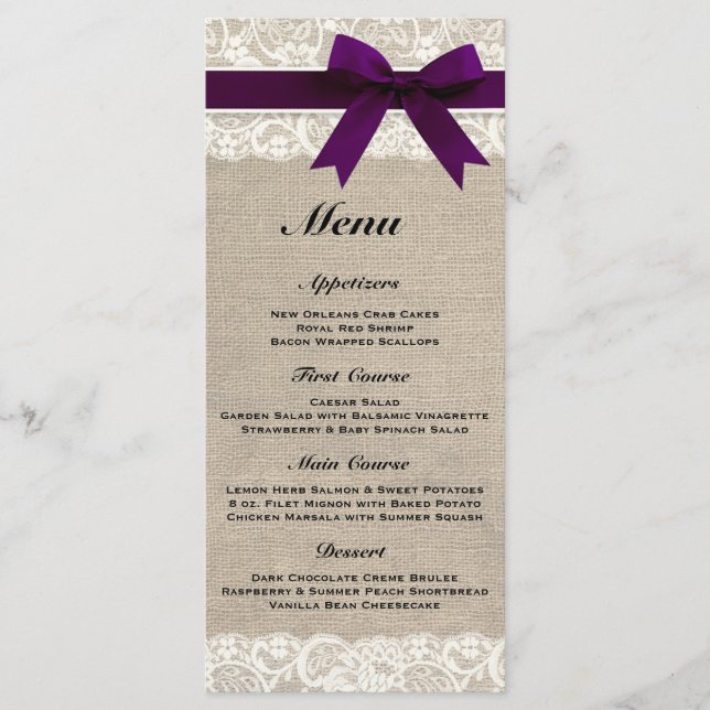 Menu Rustique Mariage Burlap & Lace Plum (Devant)