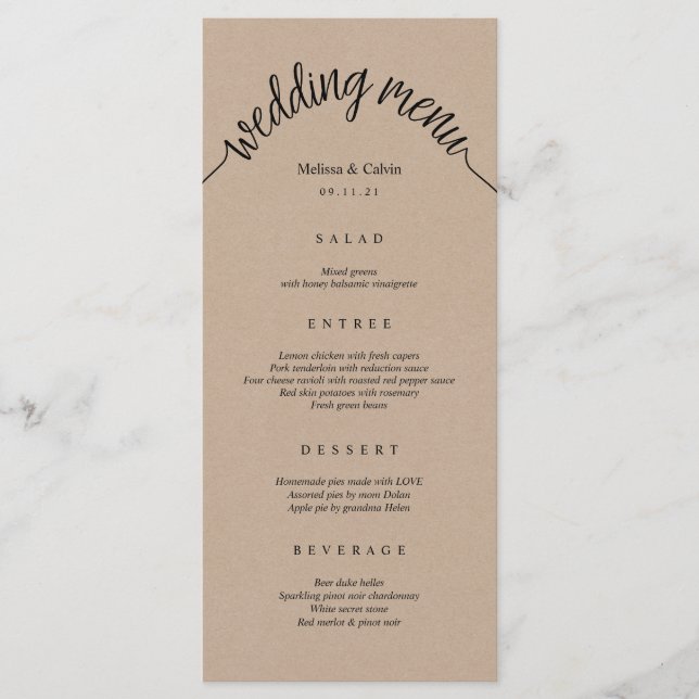 Menu Rustique Mariage Carte Kraft Brown (Devant)
