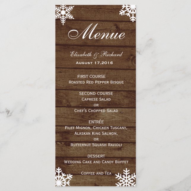 Menu Rustique Mariage d'hiver Grange Bois Snowflakes Me (Devant)
