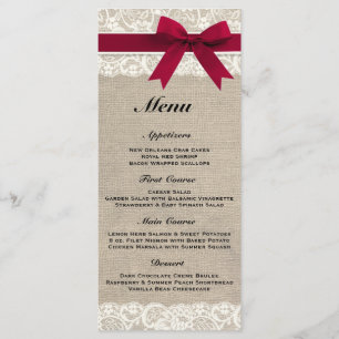 Menu Rustique Mariage rouge Burlap & dentelle
