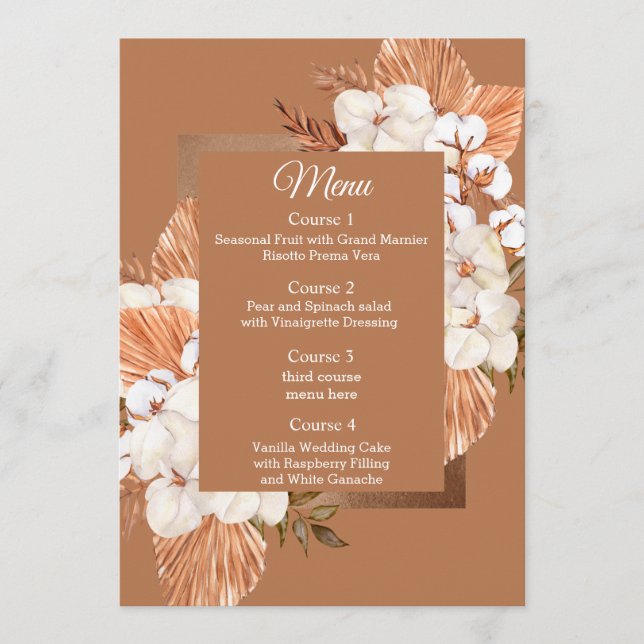 Menu Rustique Terracotta Boho Pampas Orchidées Mariage (Devant)