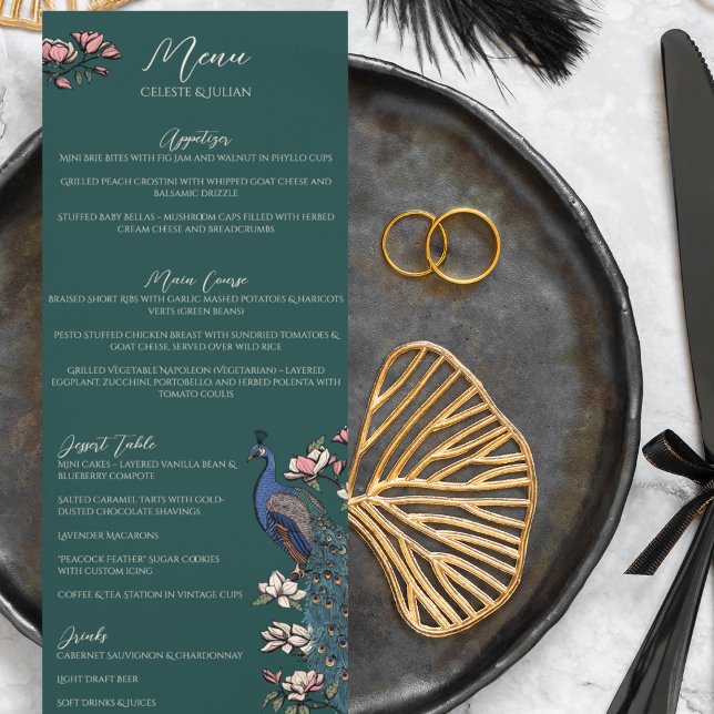 Menu Rustique Turquoise Vert Floral Peacock Bird Mariag (Rustic Teal Green Peacock Chinoiserie Wedding Menu for Wedding, Bridal Shower, Rehearsal Dinner.)