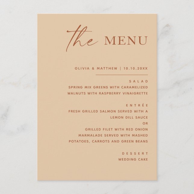 Menu Sable Chaud Pêche Mariage | Moderne Simple Élégant (Devant)