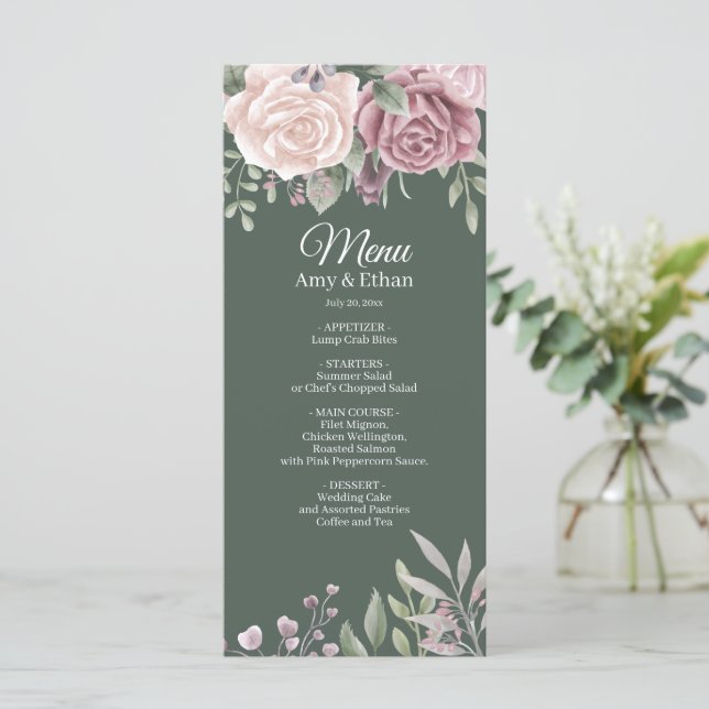 Menu Sage Boho Dusty Rose Aquarelle Fleurs Mariage (Debout devant)