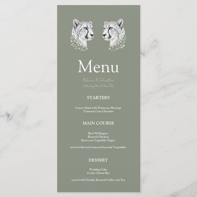 Menu Sage Cheetah Art Moderne Élégant Réception de Mari (Devant)