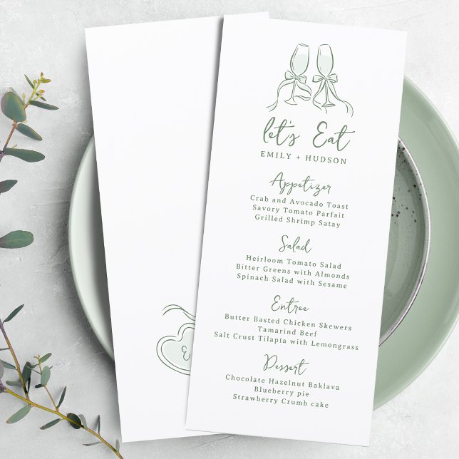 Menu Sage Dessinée à la Main Verres Cheers Mariage Fant (Sage Hand Drawn Cheers Glasses Whimsical Wedding Menu)