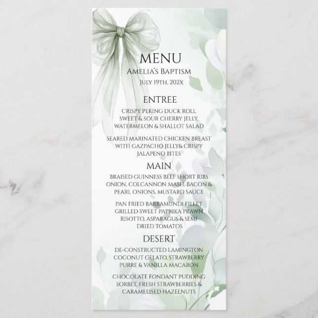 Menu Sage Green Bow Baptême (Devant)