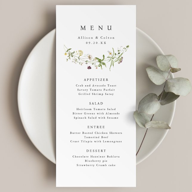 Menu Sage Green Elegant Fleur sauvage Rustic Boho Maria (Elegant Wildflower Rustic Boho Wedding Menu)
