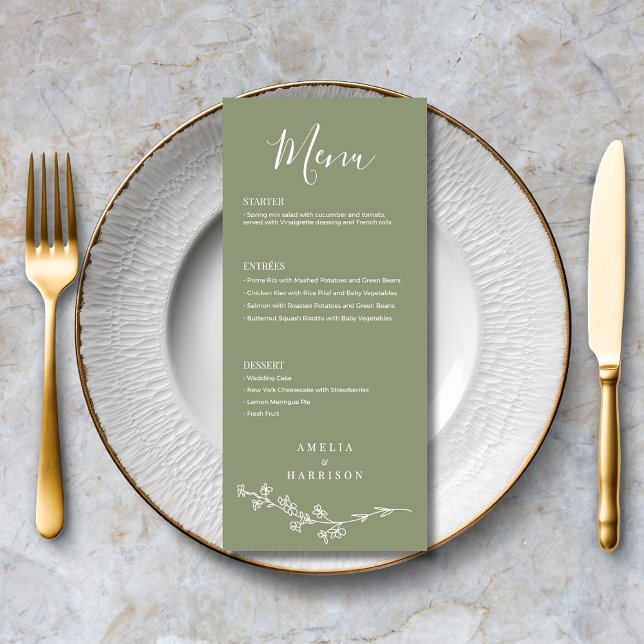 Menu Sage Green Floral Formal Élégant Mariage (Sage Green Floral Formal Elegant Wedding Menu with Menu Options, Optional Text on Back.)