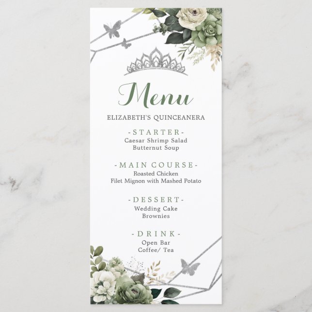 Menu Sage Green Floral Princess Quinceañera 15e (Devant)