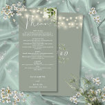 Menu Sage Green Floral String Lights Dîner Mariage<br><div class="desc">Cet élégant menu mariage vert sauge fleurie à cordes luminaires peut être personnalisé avec vos informations en typographie chic avec vos initiales monogrammes au verso. Conçu par Thisisnotme©</div>