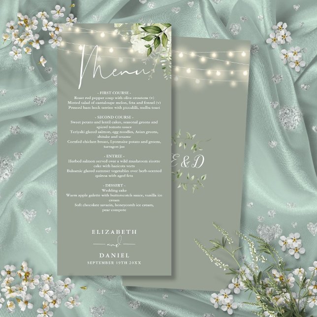 Menu Sage Green Floral String Lights Dîner Mariage (Sage Green Floral String Lights Wedding Dinner Menu)