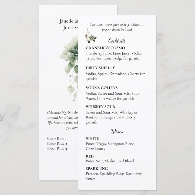 Menu Sage Green Floral Wedding Cocktail and Wine List | (Devant / Derrière)