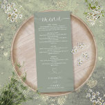 Menu Sage Green Heart Script Mariage Dîner<br><div class="desc">Cet élégant menu mariage de script de coeur vert sauge peut être personnalisé avec vos informations dans la typographie chic. Conçu par Thisisnotme©</div>