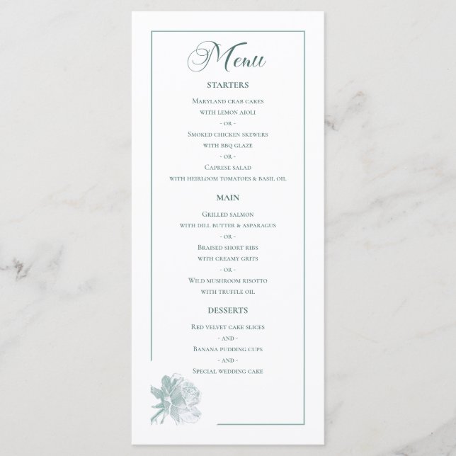 Menu Sage Green Line Art Rose Dinner Details Wedding (Devant)