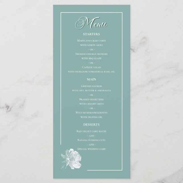 Menu Sage Green Line Art Rose Dinner Dishes Wedding (Devant)