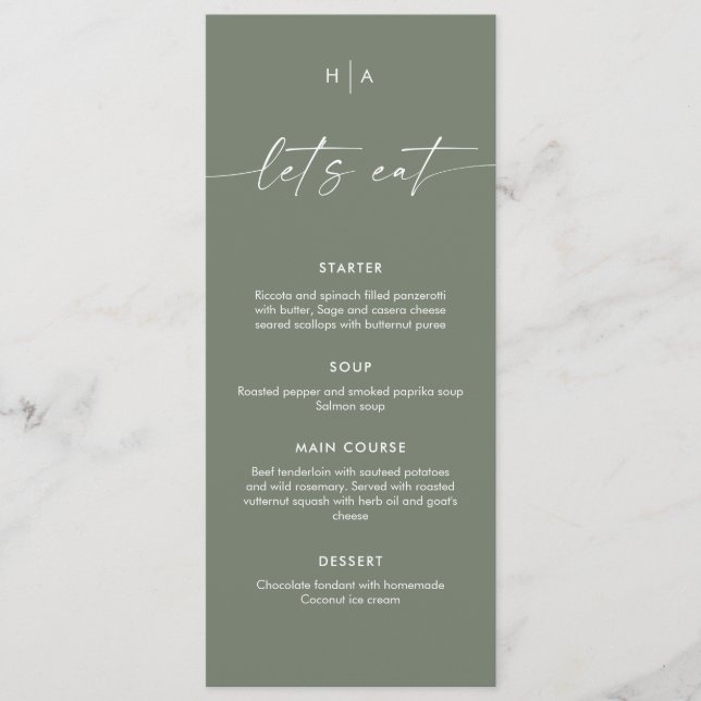 Menu Sage Green Minimalist Handwriting Wedding Dinner  (Devant)