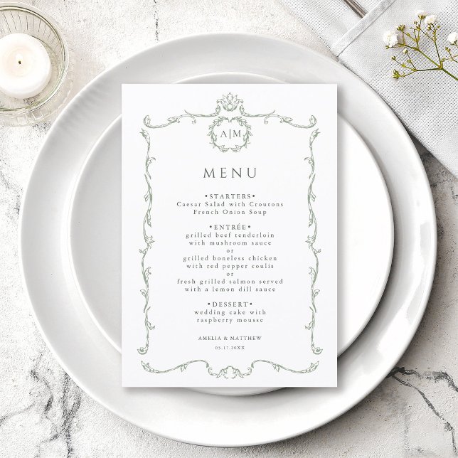 Menu Sage Green Modern Classic French Frame Wedding  (Créateur téléchargé)