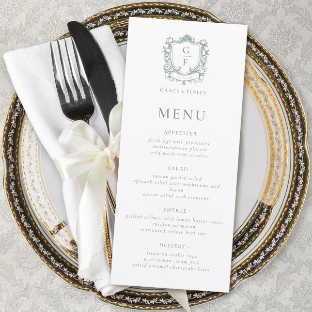 Menu Sage Green Roses français Monogram Crest Mariage (Créateur téléchargé)