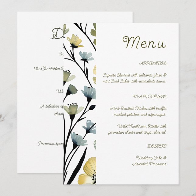 Menu Sage Green & Soft Yellow Botanical Wedding (Devant / Derrière)