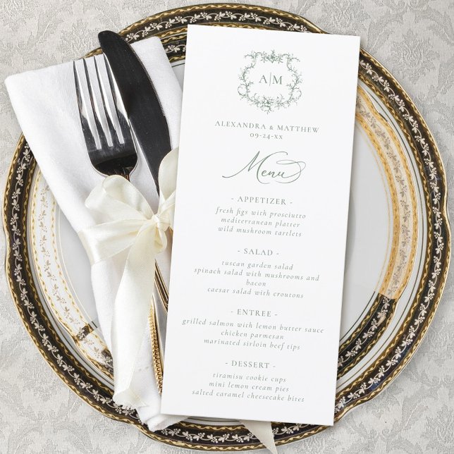 Menu Sage Green Victorian Baroque Floral Crest Mariage (Créateur téléchargé)