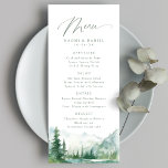 Menu Sage Watercolor Mountain Forest Rustic Wedding<br><div class="desc">Watercolor lush green pine forest,  teal river,  and misty mountain with sage modern script,   elegant and romantic,  great personalized menu cards for boho rustic wedding and mountain forest destination wedding in spring and summer.</div>