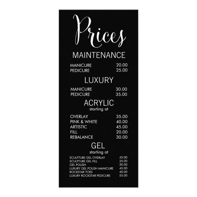 Menu Salon noir et blanc Tarifs Cartes (Devant)
