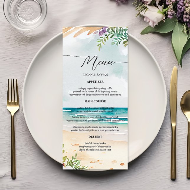 Menu Scène de mariage estival sur la plage à l'aquarell (Créateur téléchargé)
