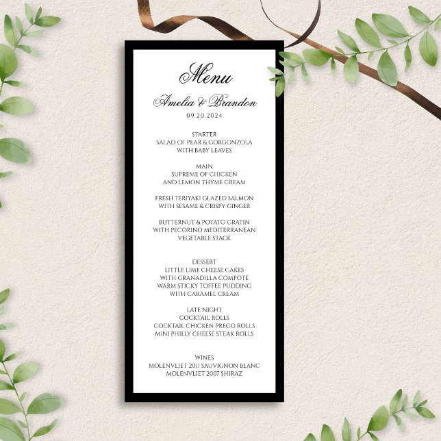 Menu Script classique formel Mariage noir et blanc (Créateur téléchargé)