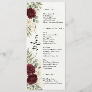 Menu Script de dîner de mariage aux roses de Bourgogne