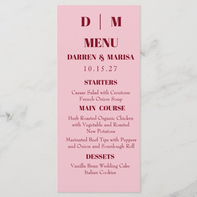 Menu Script manuscrit rose et rouge Mariage personnalis (Devant)