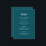 Menu Script minimaliste moderne | Mariage Turquoise pro<br><div class="desc">Cette carte de menu mariage élégante et minimaliste est dotée d'une typographie de script blanc moderne et d'un texte sans empattement propre,  pour un design simple et élégant de couleur turquoise foncée que vous aimerez.</div>