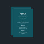 Menu Script minimaliste moderne | Mariage Turquoise pro<br><div class="desc">Cette carte de menu mariage élégante et minimaliste est dotée d'une typographie de script blanc moderne et d'un texte sans empattement propre,  pour un design simple et élégant de couleur turquoise foncée que vous aimerez.</div>