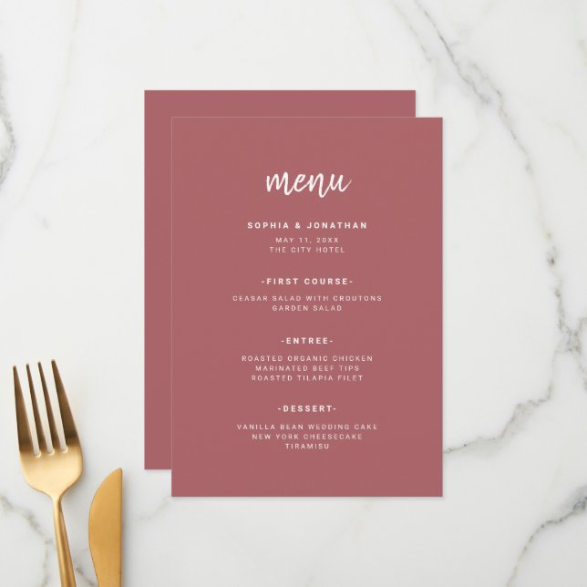 Menu Script minimaliste moderne | Terra Rosa Mariage (Devant/Arrière en situation)