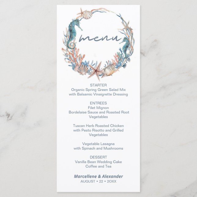 Menu Sea Wreath | Mariage d'aquarelle de plage tropical (Devant)
