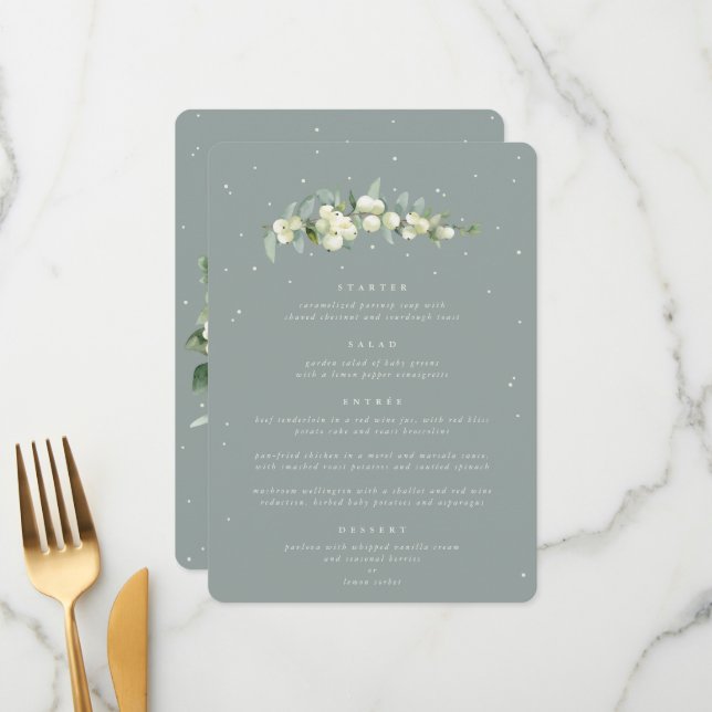Menu Seafoam Snowberry + Eucalyptus Mariage à 4 service (Devant/Arrière en situation)