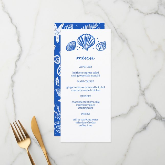Menu Seashells Frame Beach Wedding Fête PERSONNALISÉE (Devant/Arrière en situation)