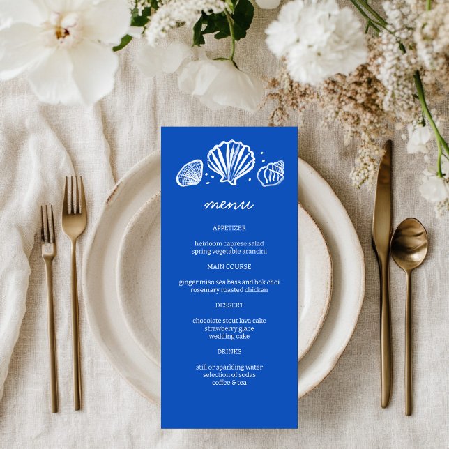Menu Seashells Frame Beach Wedding Fête PERSONNALISÉE (Seashells Frame Beach Wedding CUSTOM Party Menu Blue White
)