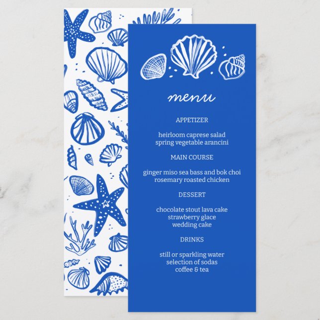 Menu Seashells Frame Beach Wedding Fête PERSONNALISÉE (Devant / Derrière)