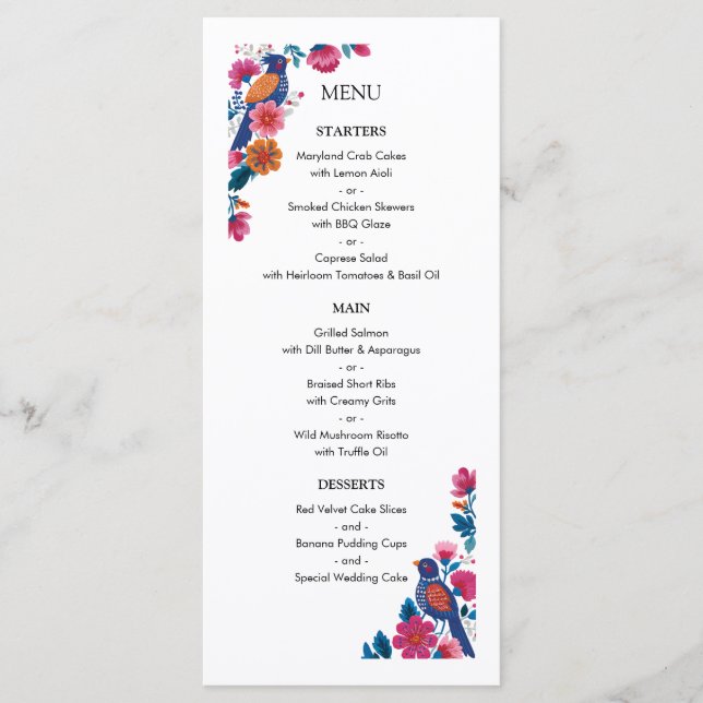 Menu Sensuous Folk Birds and Flowers Wedding Pattern (Devant)