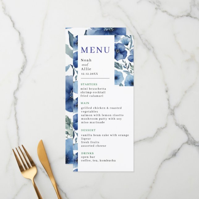Menu Sérénité dans le Mariage de fleurs d'aquarelle ble (Devant/Arrière en situation)