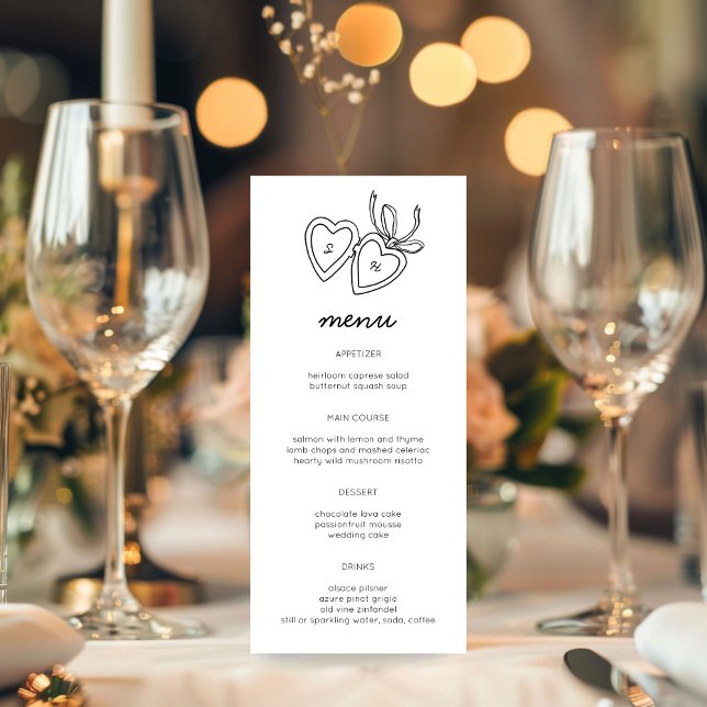 Menu Serrure de coeur Whimsical Doodle Croquis moderne  (Whimsical Heart Locket Doodle Sketch Modern CUSTOM Menu
)